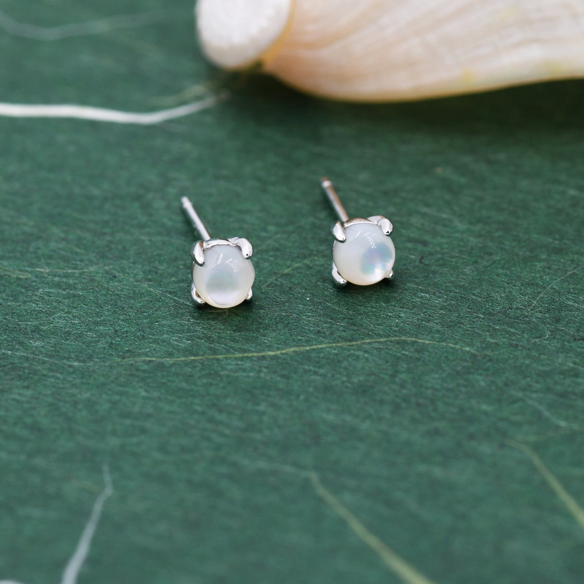 Sterling Silver Mother of Pearl Stud Earrings, 4mm, Genuine tiny mother of pearl Stud, Natural Shell Earrings, 4 Prongs, Minimalist Style