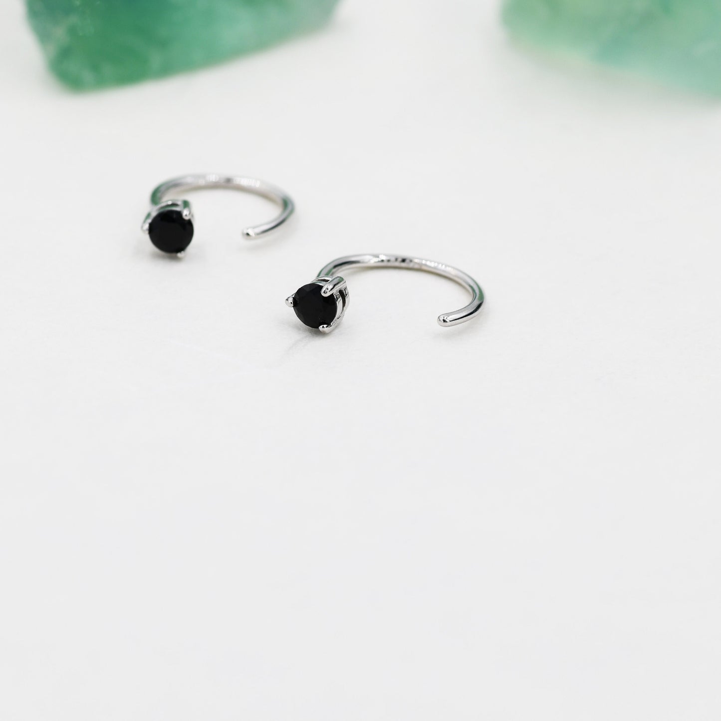 Black CZ Huggie Hoop Earrings in Sterling Silver, Tiny Black Open Hoops, Three Prong, Pull Through Threaders, Half Hoops