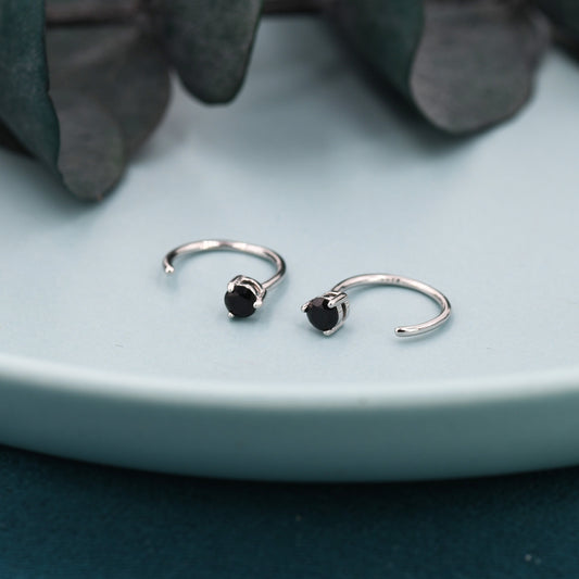 Black CZ Huggie Hoop Earrings in Sterling Silver, Tiny Black Open Hoops, Three Prong, Pull Through Threaders, Half Hoops