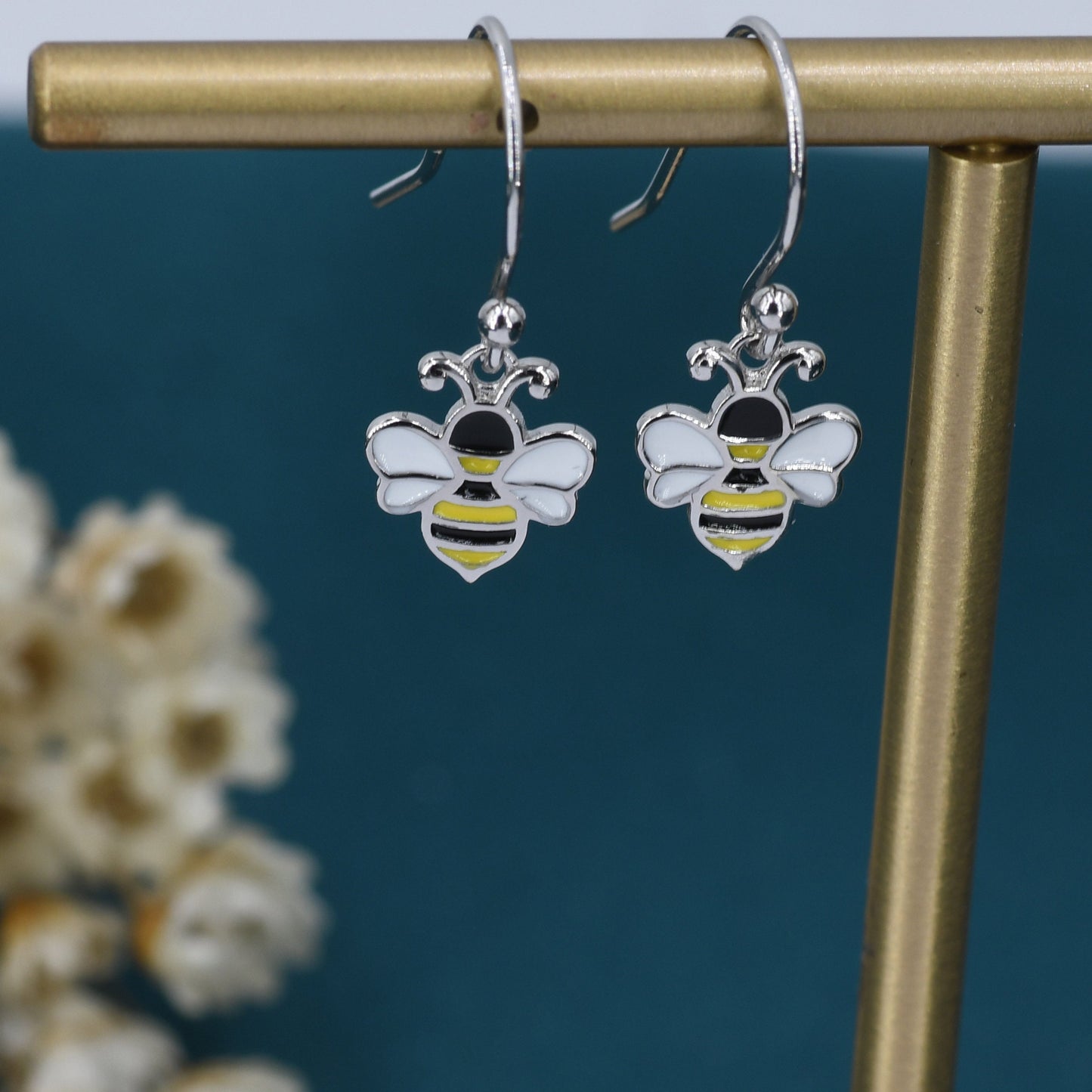 Enamel Bumble Bee Drop Earrings in Sterling Silver,  Earrings, Tiny Bee Earrings, Tiny Bee Hook Earrings, Silver Bee Earrings