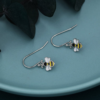 Enamel Bumble Bee Drop Earrings in Sterling Silver,  Earrings, Tiny Bee Earrings, Tiny Bee Hook Earrings, Silver Bee Earrings