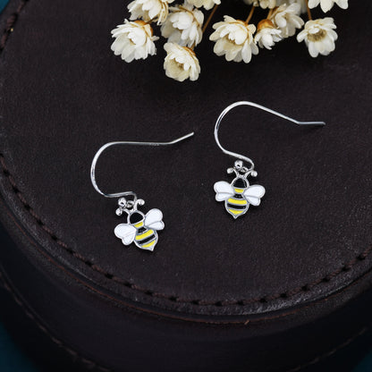 Enamel Bumble Bee Drop Earrings in Sterling Silver,  Earrings, Tiny Bee Earrings, Tiny Bee Hook Earrings, Silver Bee Earrings