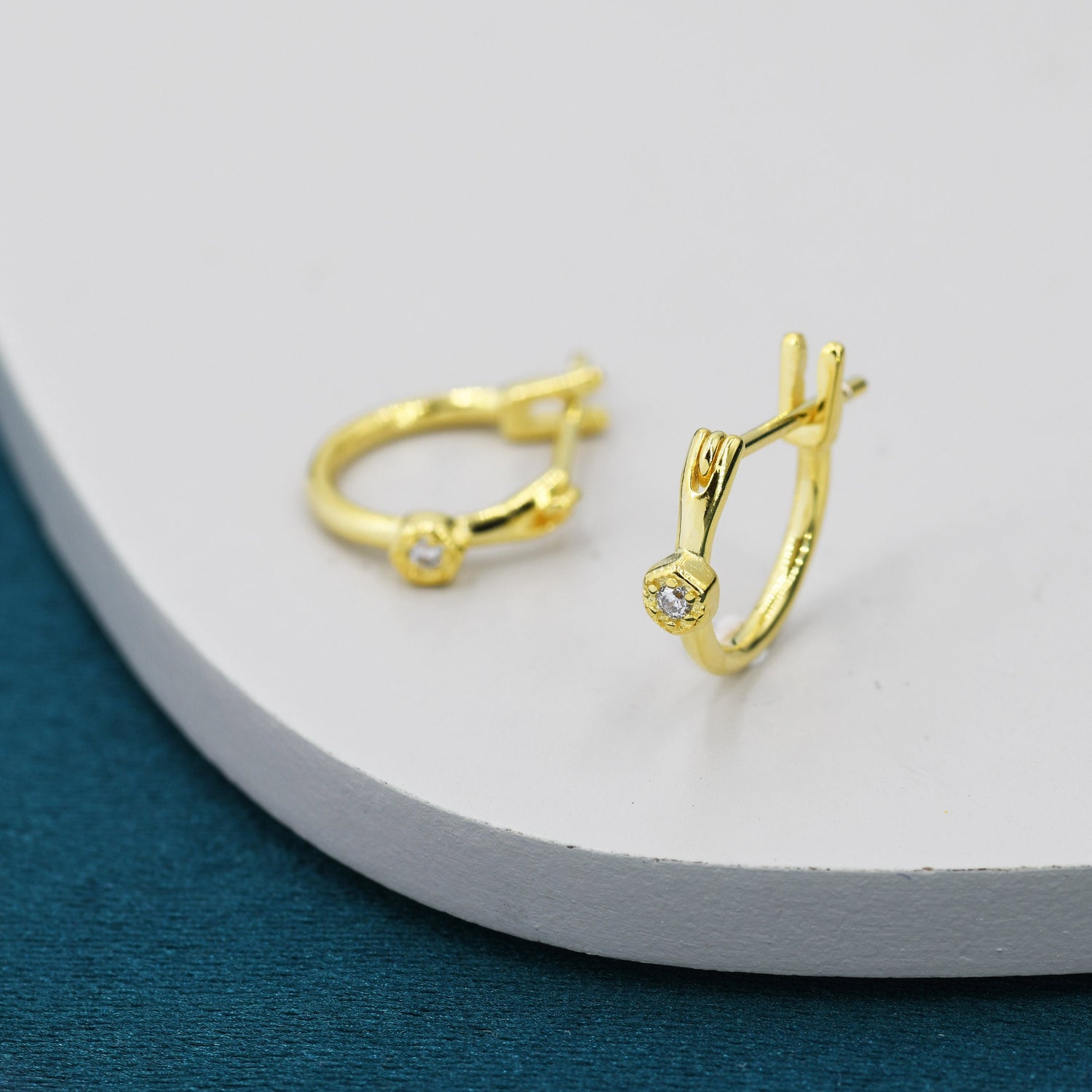 Creole Huggie Hoop Earrings with CZ Crystal in Sterling Silver, Gold Coated Sterling Silver, Creole Lever  Earrings, Minimalist Geometric