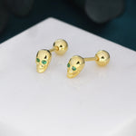 Extra Tiny Skull Screw Back/Stud/Flat Back Earrings in Sterling Silver with Emerald Green CZ - Gold or Silver, Petite Skull Earrings