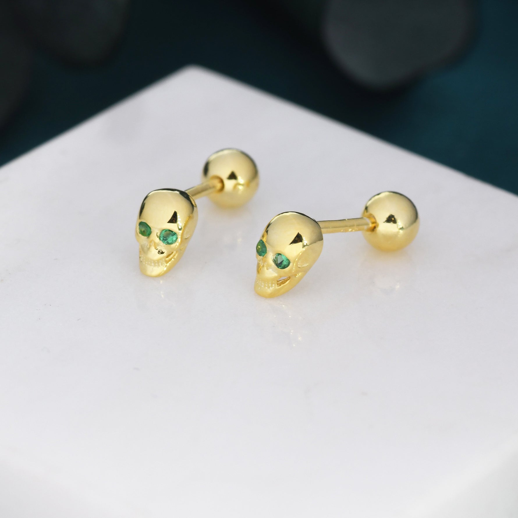 Extra Tiny Skull Screw Back/Stud/Flat Back Earrings in Sterling Silver with Emerald Green CZ - Gold or Silver, Petite Skull Earrings