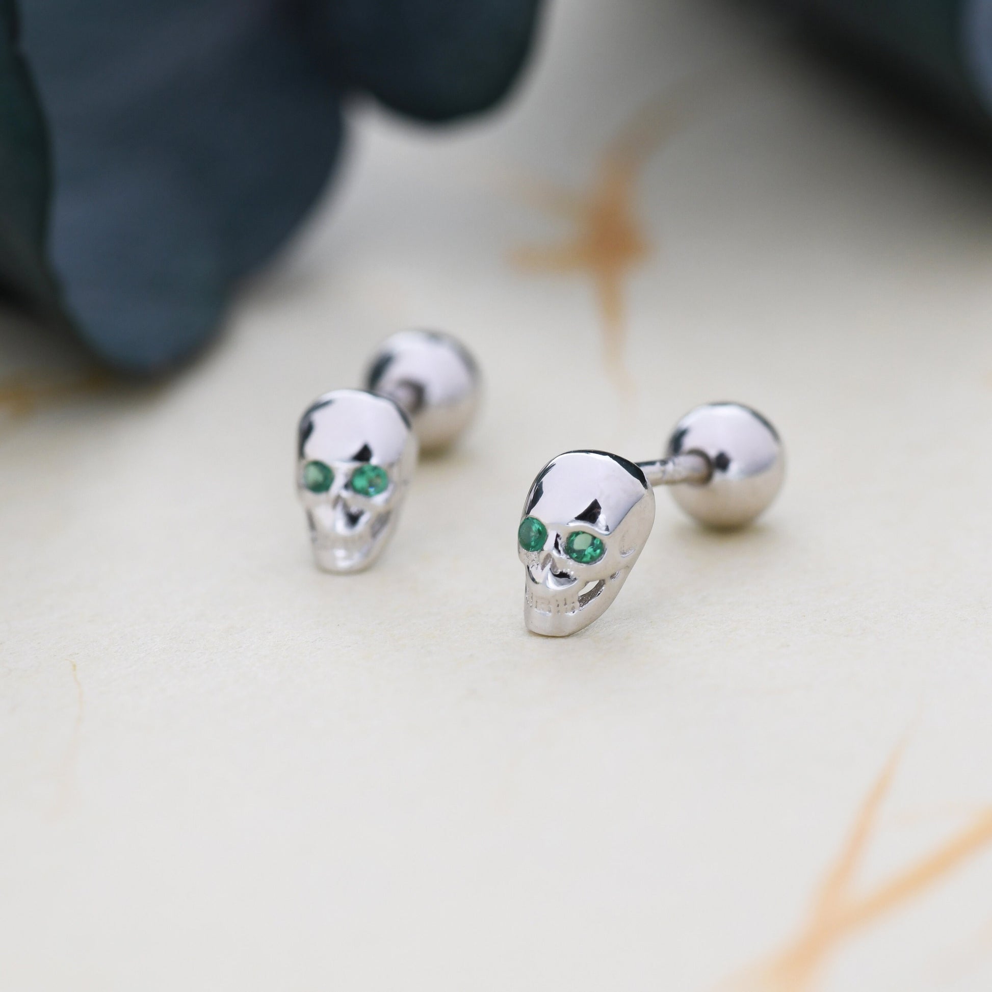 Extra Tiny Skull Screw Back Earrings in Sterling Silver with Emerald Green CZ - Gold or Silver - Skull Earrings - Petite Screwback Barbell