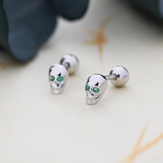 Extra Tiny Skull Screw Back Earrings in Sterling Silver with Emerald Green CZ - Gold or Silver - Skull Earrings - Petite Screwback Barbell