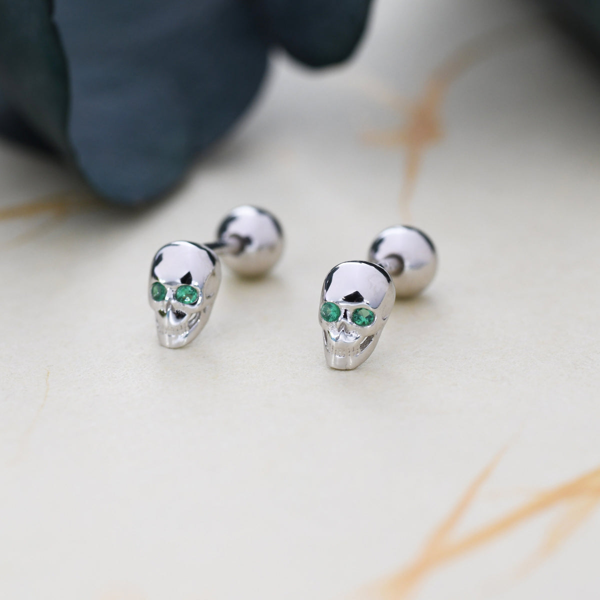 Extra Tiny Skull Screw Back/Stud/Flat Back Earrings in Sterling Silver with Emerald Green CZ - Gold or Silver, Petite Skull Earrings