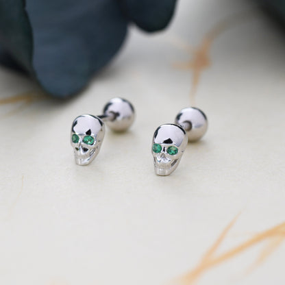 Extra Tiny Skull Screw Back Earrings in Sterling Silver with Emerald Green CZ - Gold or Silver - Skull Earrings - Petite Screwback Barbell