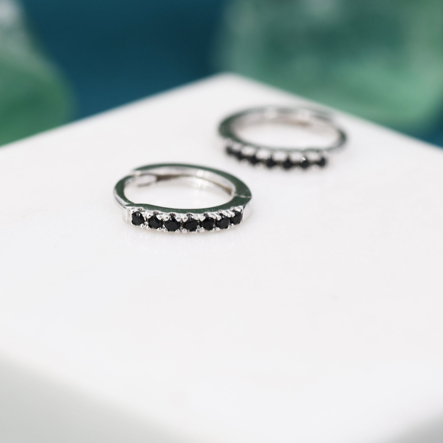 Skinny Huggie Hoop Earrings in Sterling Silver with Black CZ Crystals, Tiny Snug Hoop Earrings, Black Diamond, Simple Hoop Earrings