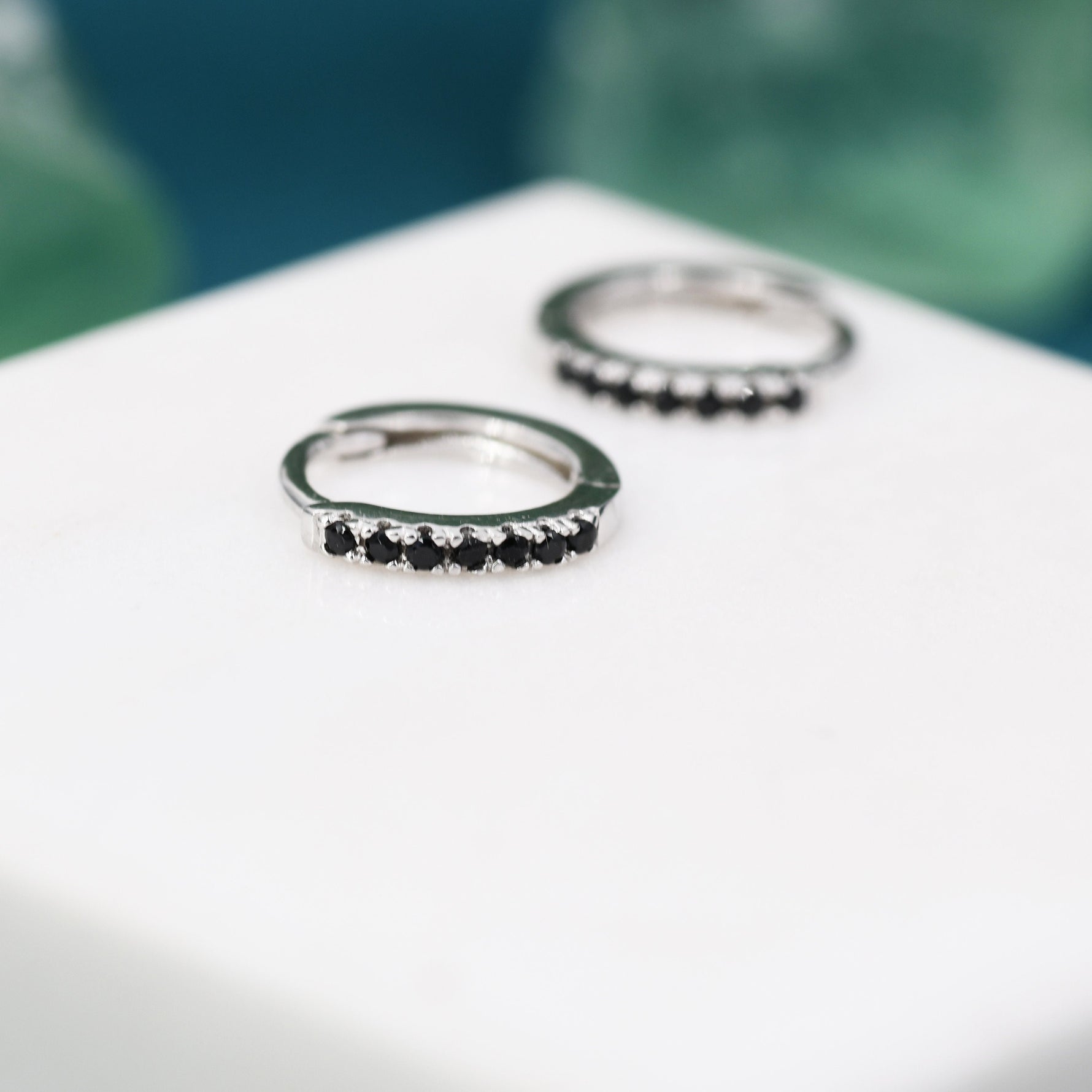 Skinny Huggie Hoop Earrings in Sterling Silver with Black CZ Crystals, Tiny Snug Hoop Earrings, Black Diamond, Simple Hoop Earrings