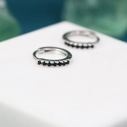 Skinny Huggie Hoop Earrings in Sterling Silver with Black CZ Crystals, Tiny Snug Hoop Earrings, Black Diamond, Simple Hoop Earrings