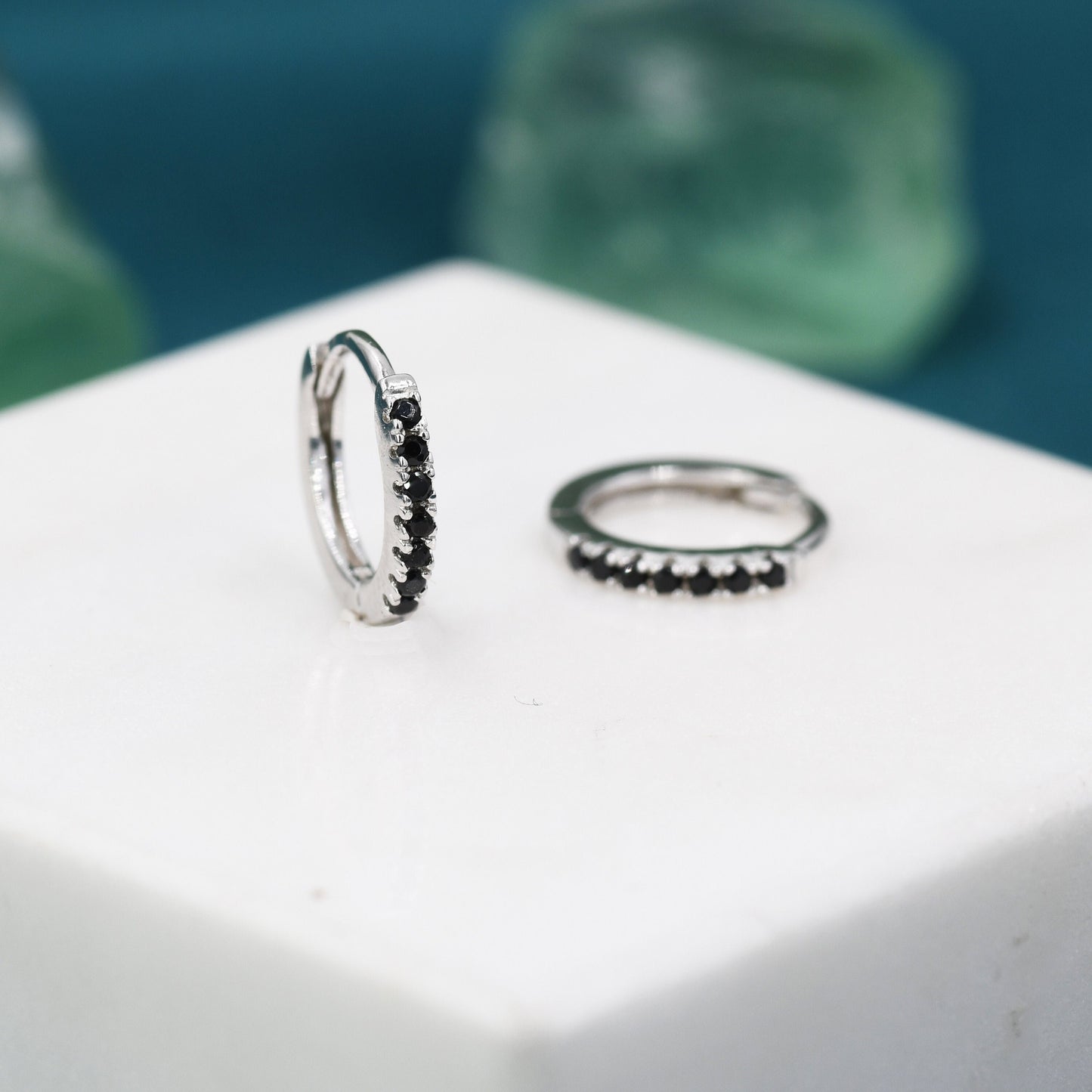 Skinny Huggie Hoop Earrings in Sterling Silver with Black CZ Crystals, Tiny Snug Hoop Earrings, Black Diamond, Simple Hoop Earrings