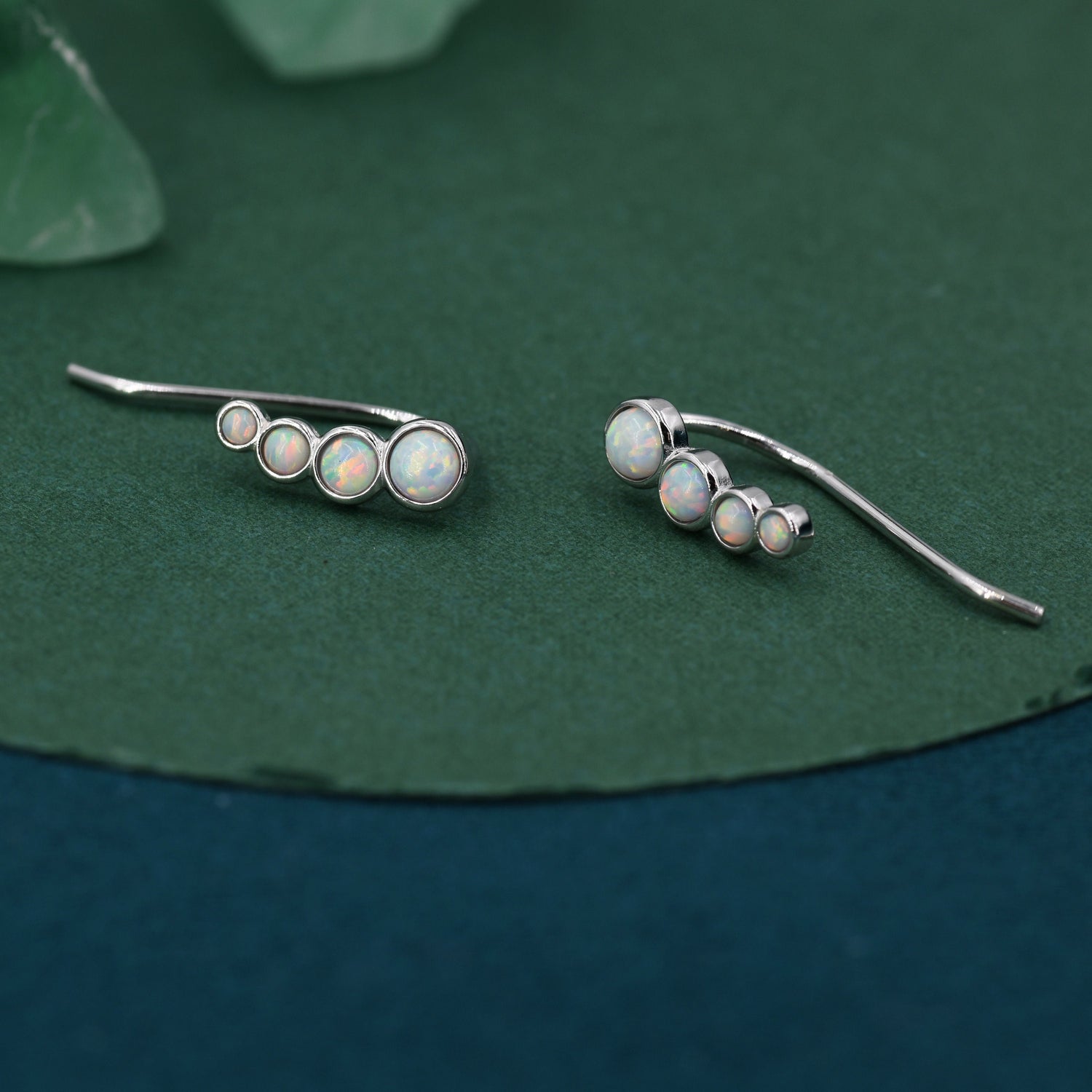 White Opal Cluster Crawler Earrings in Sterling Silver, Opal Ear Climbers, Silver or Gold,  Lab Opal Earrings