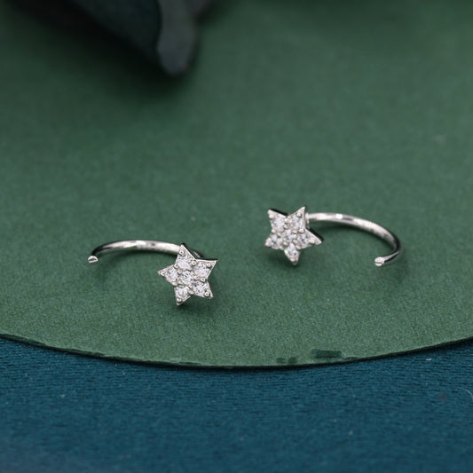 Star Huggie Hoop Earrings in Sterling Silver, Silver Gold or Rose Gold, Star CZ Open Hoops, Pull Through Threaders, Half Hoops