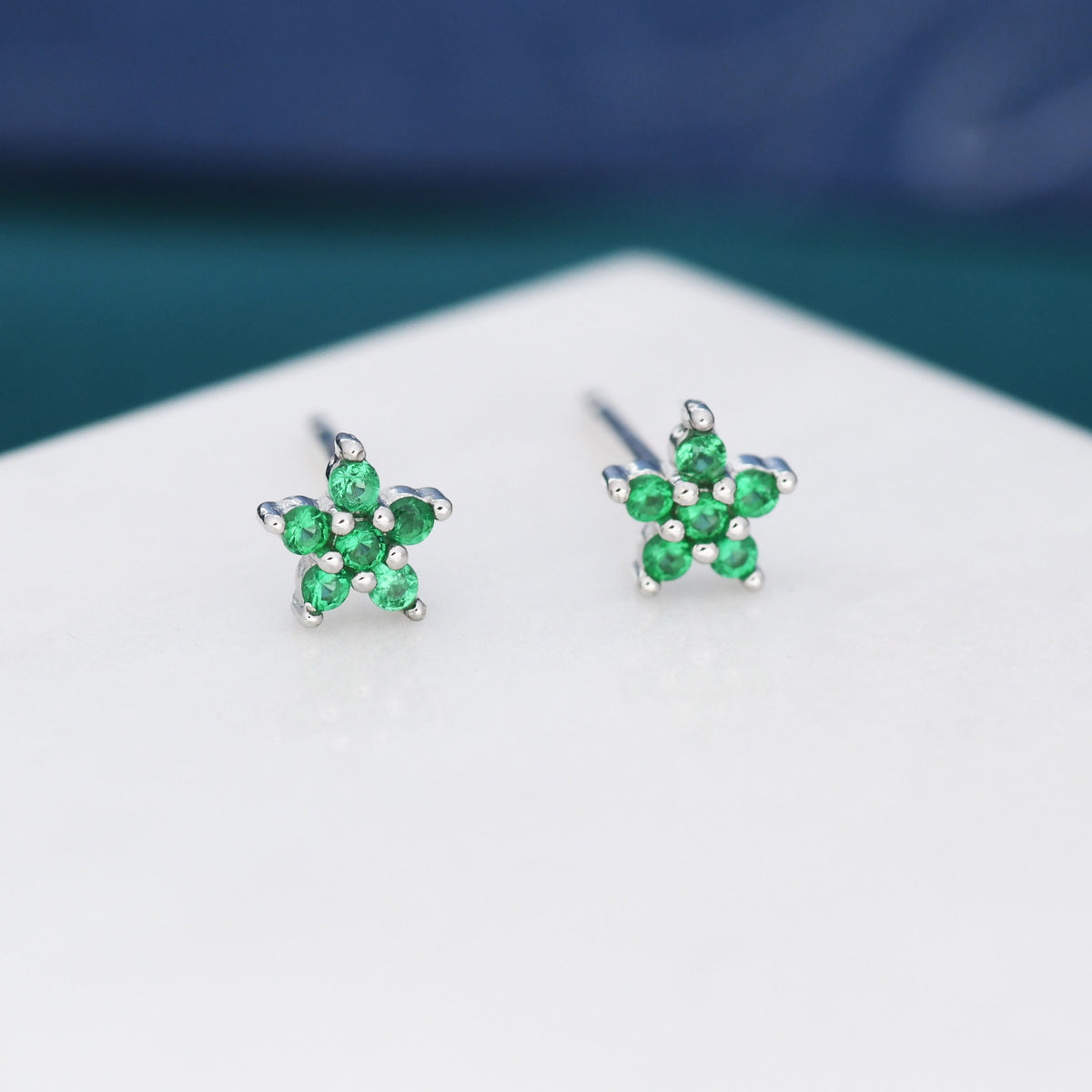 Emerald Green CZ Flower Stud Earrings in Sterling Silver, Silver or Gold, Green Crystal Flower Earrings, Stacking Earrings