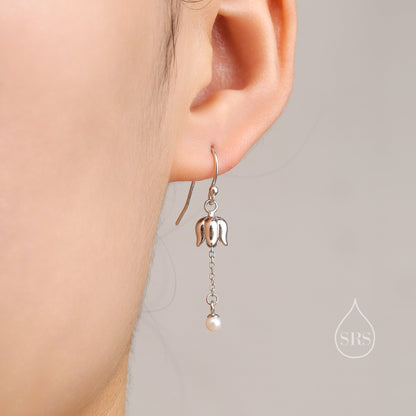 Lily of the valley with Dangle Pearl Dangle Earrings in Sterling Silver, Lily of the Valley Flower Dangle Earrings - Short Chain