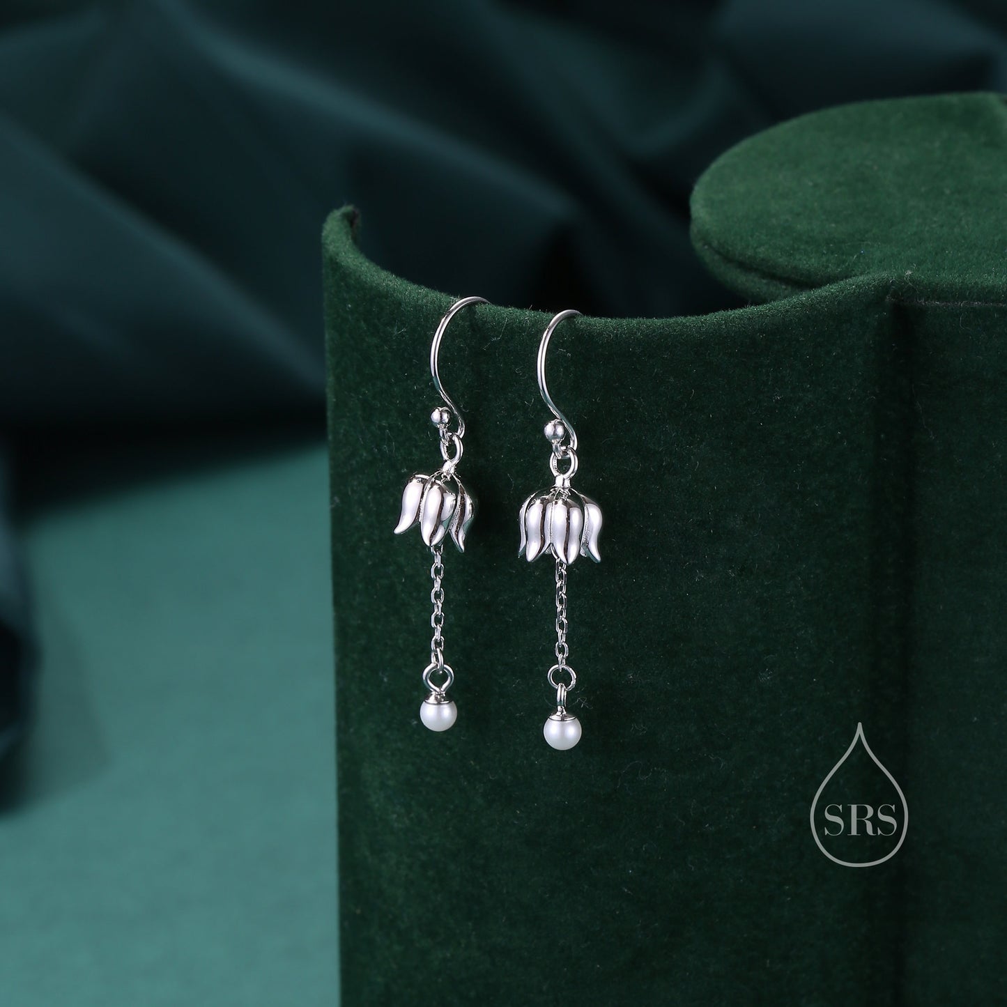 Lily of the valley with Dangle Pearl Dangle Earrings in Sterling Silver, Lily of the Valley Flower Dangle Earrings - Short Chain