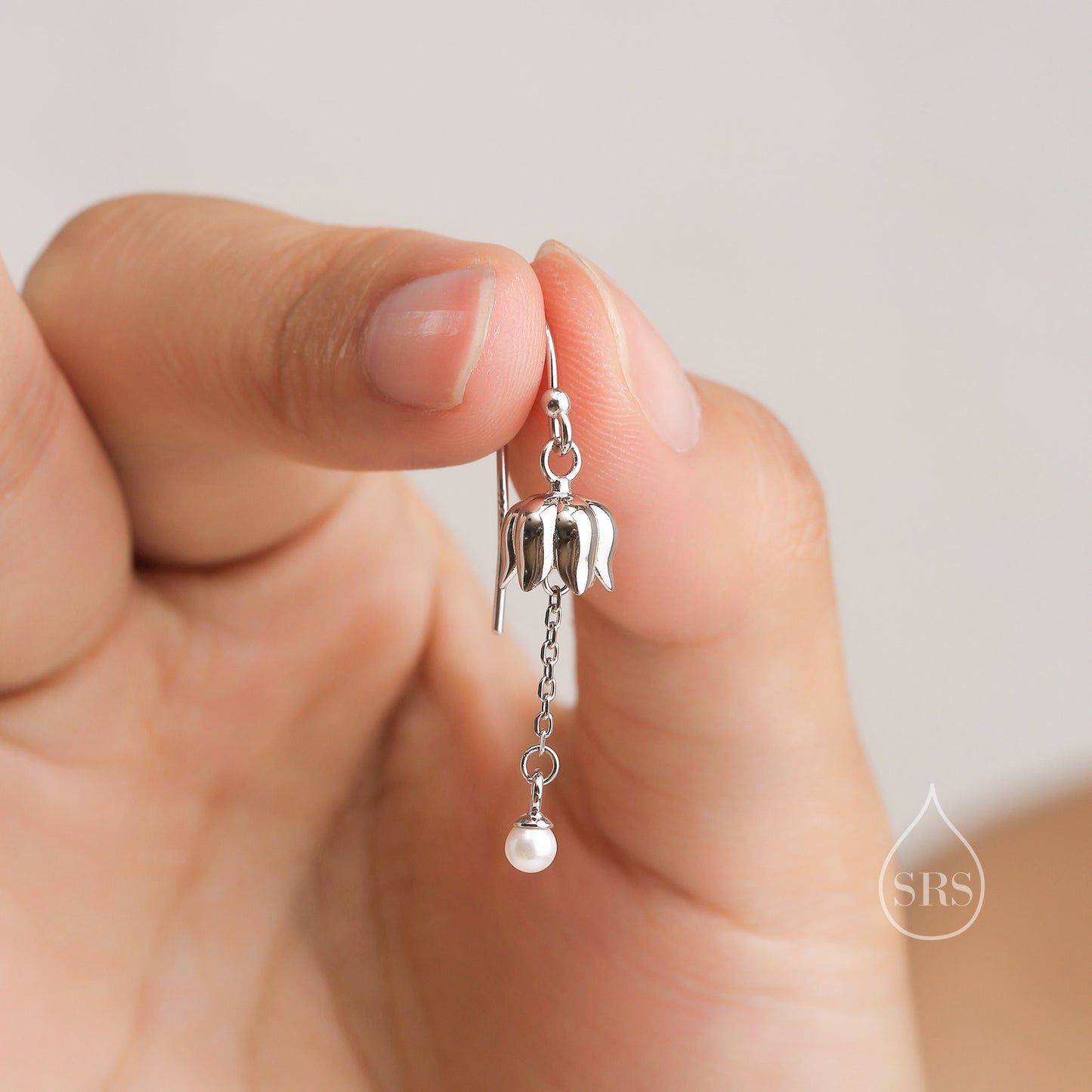 Lily of the valley with Dangle Pearl Dangle Earrings in Sterling Silver, Lily of the Valley Flower Dangle Earrings - Short Chain