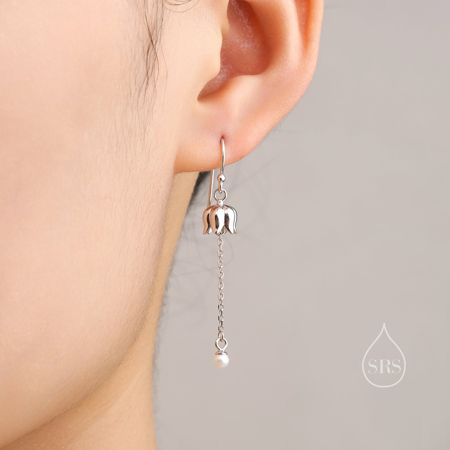 Asymmetric Lily of the valley with Dangle Pearl Dangle Earrings in Sterling Silver, Lily of the Valley Flower Dangle Earrings