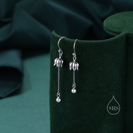 Asymmetric Lily of the valley with Dangle Pearl Dangle Earrings in Sterling Silver, Lily of the Valley Flower Dangle Earrings