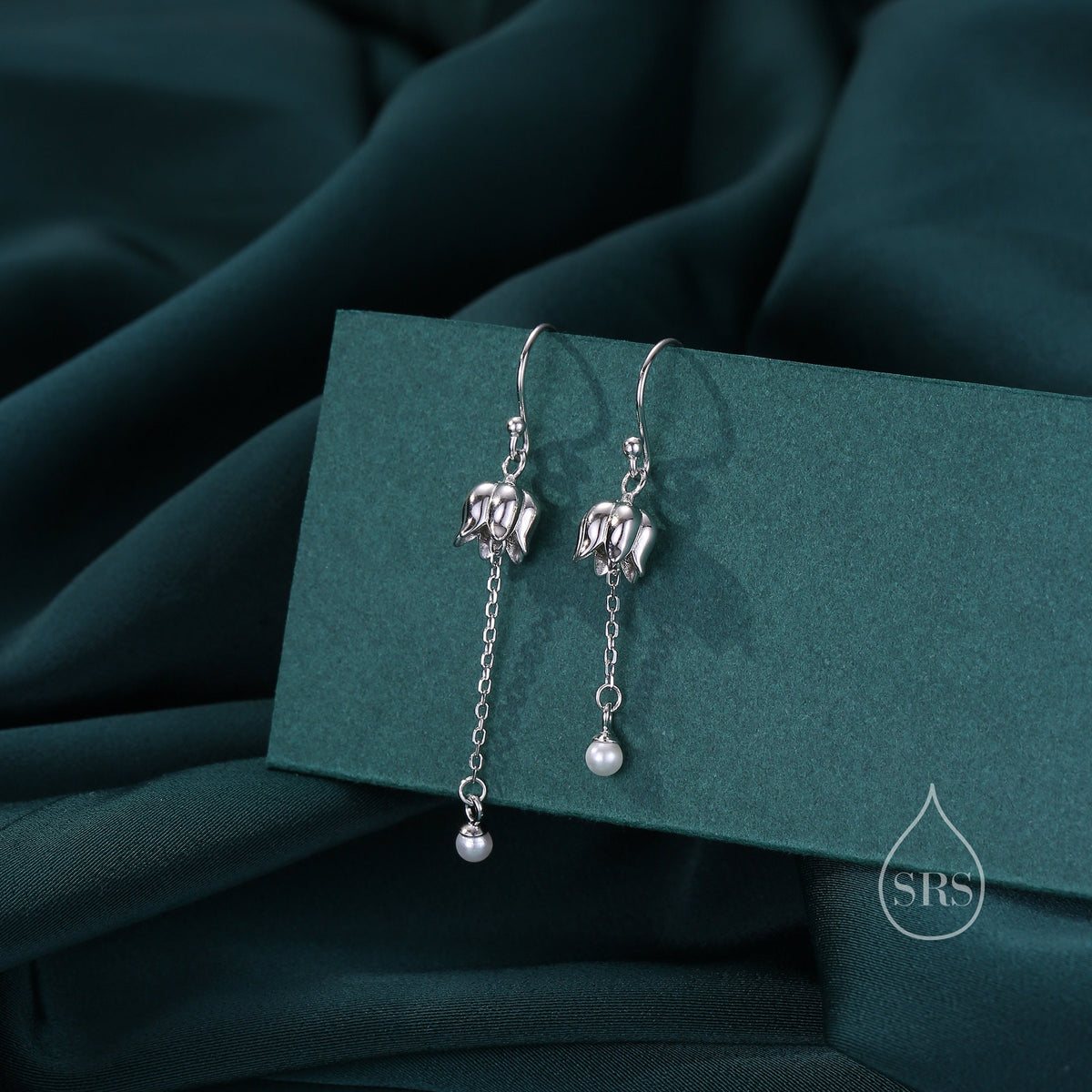 Asymmetric Lily of the valley with Dangle Pearl Dangle Earrings in Sterling Silver, Lily of the Valley Flower Dangle Earrings