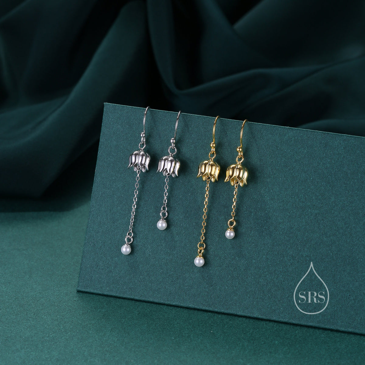 Asymmetric Lily of the valley with Dangle Pearl Dangle Earrings in Sterling Silver, Lily of the Valley Flower Dangle Earrings