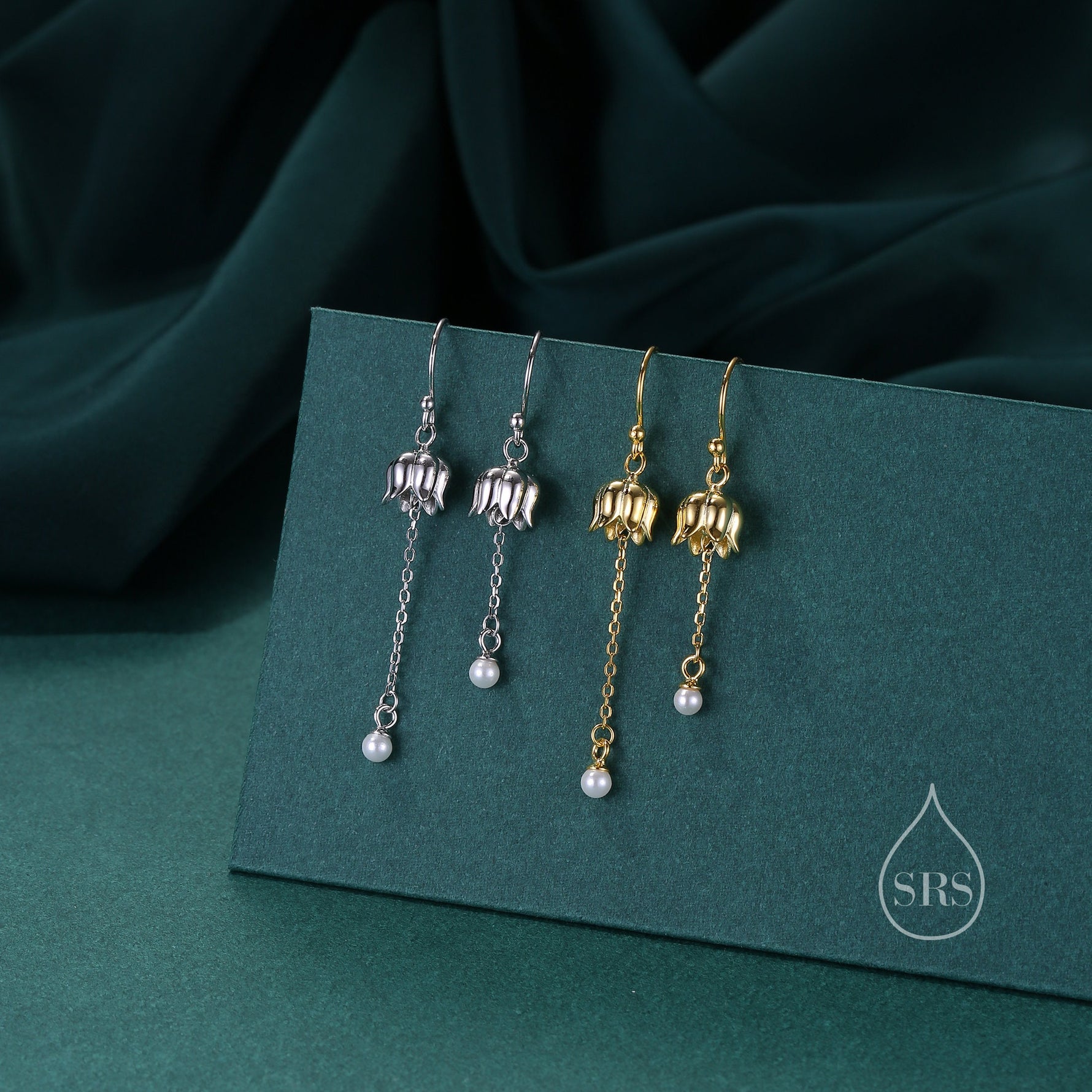 Asymmetric Lily of the valley with Dangle Pearl Dangle Earrings in Sterling Silver, Lily of the Valley Flower Dangle Earrings