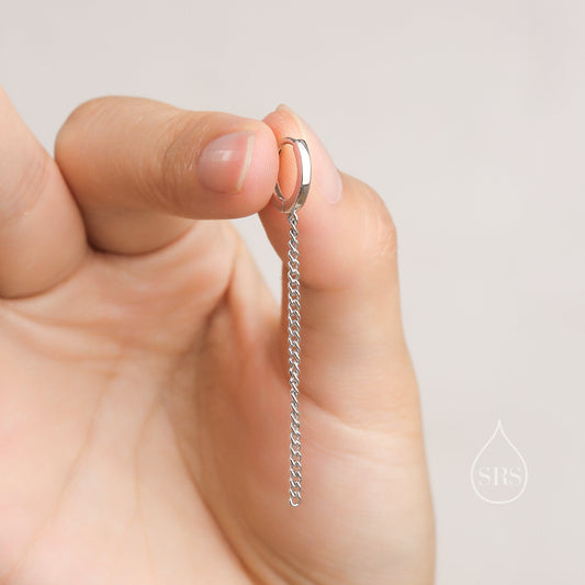 Dangling Chain Huggie Hoop Earrings,  Hoop with Dangle Chains, Chained Hoop Earrings, Silver, Gold or Rose Gold