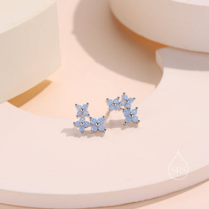 Tiny Hydrangea Bouquet CZ Stud Earrings in Sterling Silver, Silver or Gold, Opal Blue or Opal Pink, Three CZ Flower Earrings, CZ Cluster