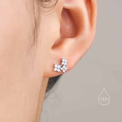 Tiny Hydrangea Bouquet CZ Stud Earrings in Sterling Silver, Silver or Gold, Opal Blue or Opal Pink, Three CZ Flower Earrings, CZ Cluster