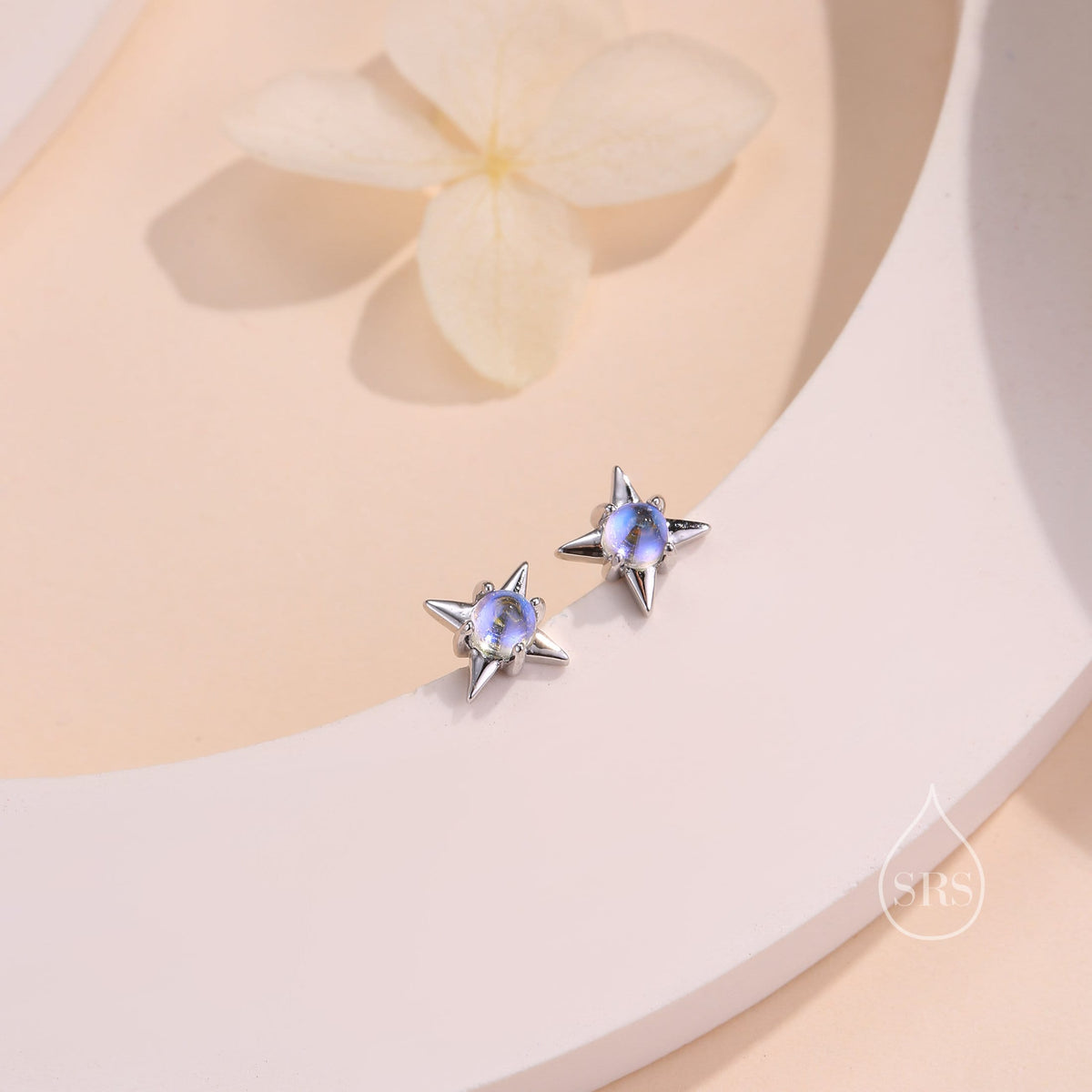 Delicate Starburst Stud Earrings in Sterling Silver, Silver or Gold, Lab Created Opal or Moonstone, Small Star Earrings, Celestial Jewellery