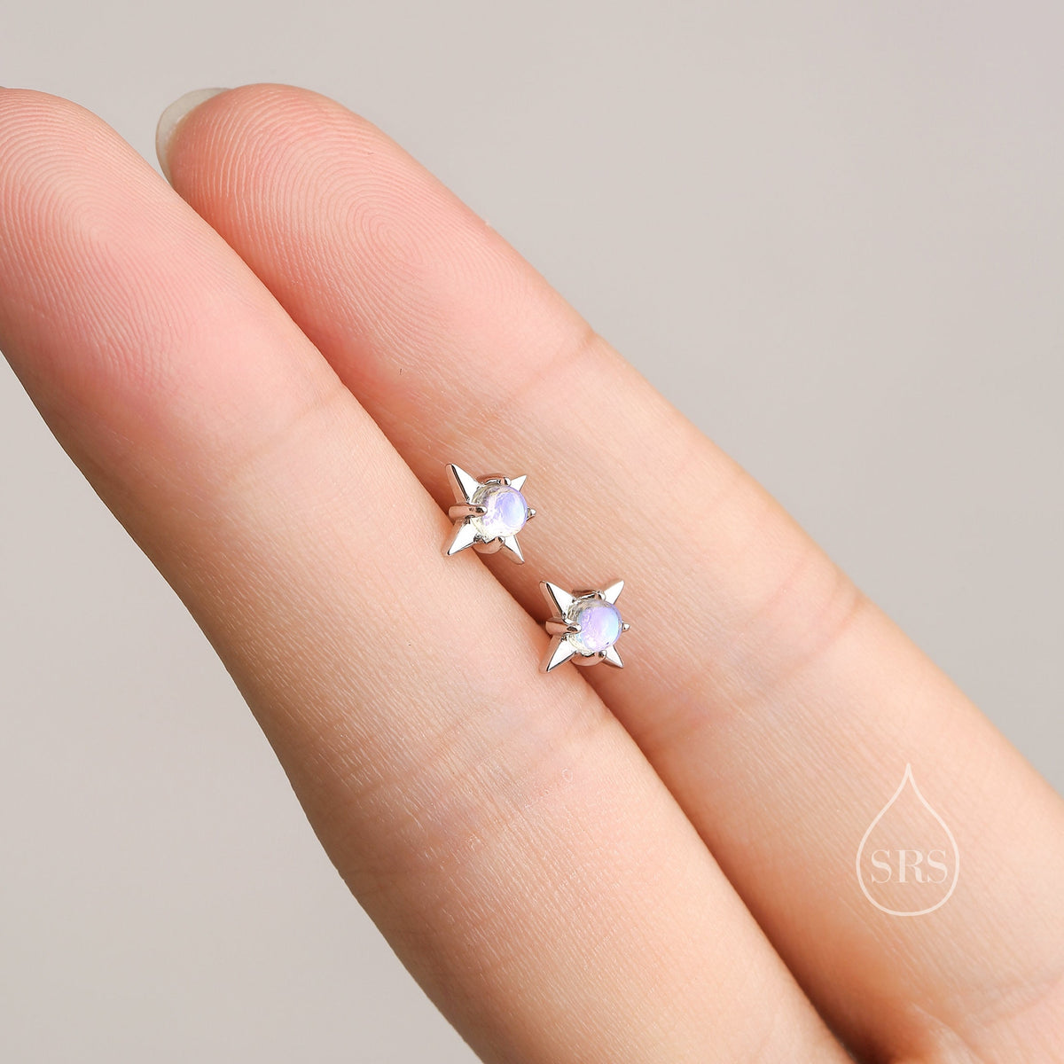 Delicate Starburst Stud Earrings in Sterling Silver, Silver or Gold, Lab Created Opal or Moonstone, Small Star Earrings, Celestial Jewellery