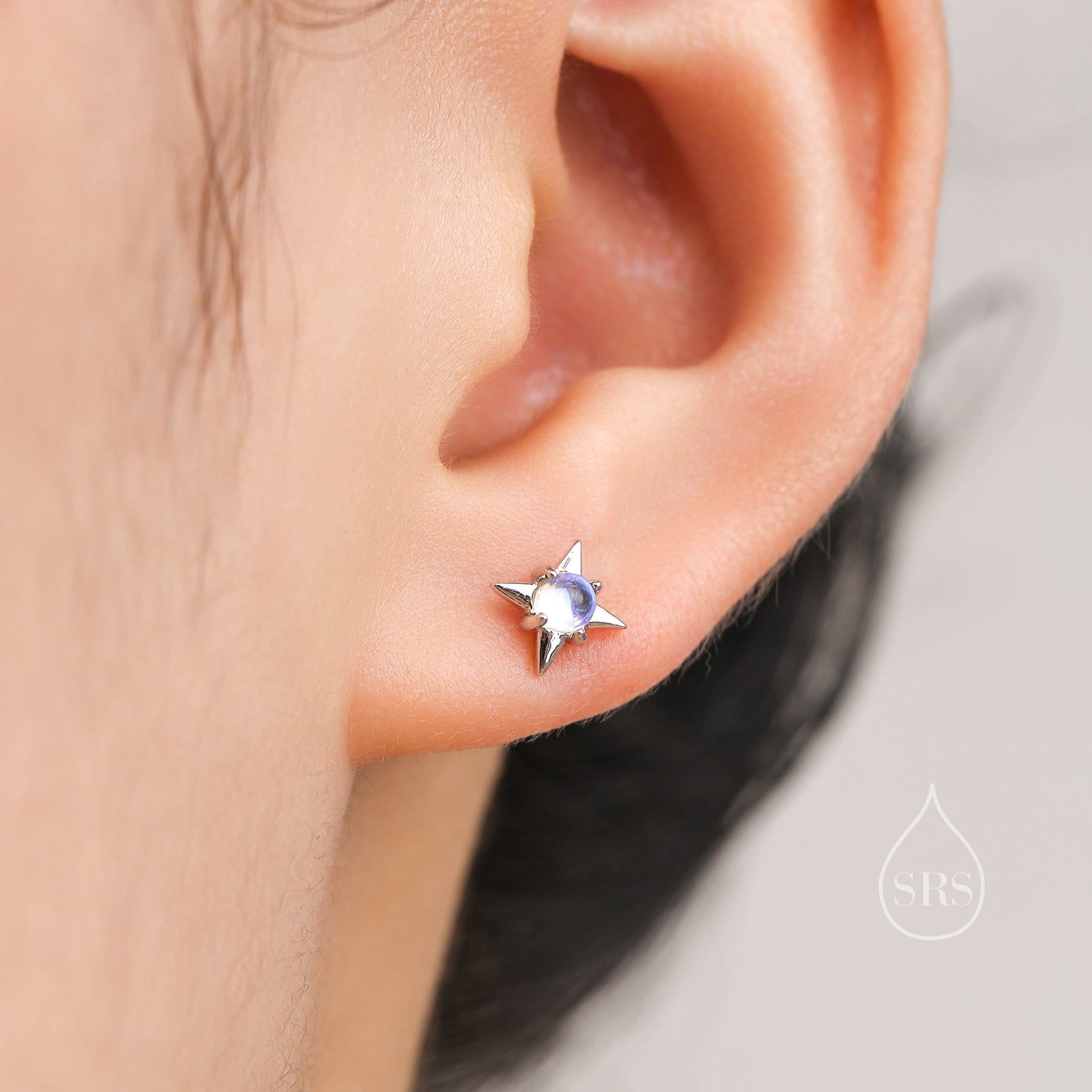 Delicate Starburst Stud Earrings in Sterling Silver, Silver or Gold, Lab Created Opal or Moonstone, Small Star Earrings, Celestial Jewellery