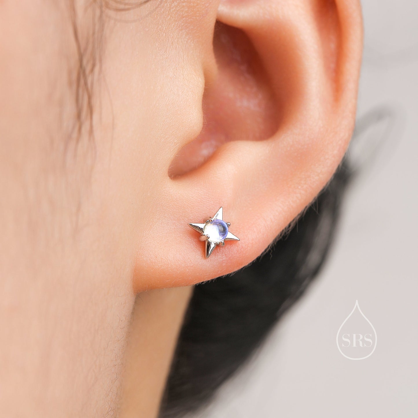 Delicate Starburst Stud Earrings in Sterling Silver, Silver or Gold, Opal or Moonstone, Small Star Earrings, Celestial Jewellery, Sunburst