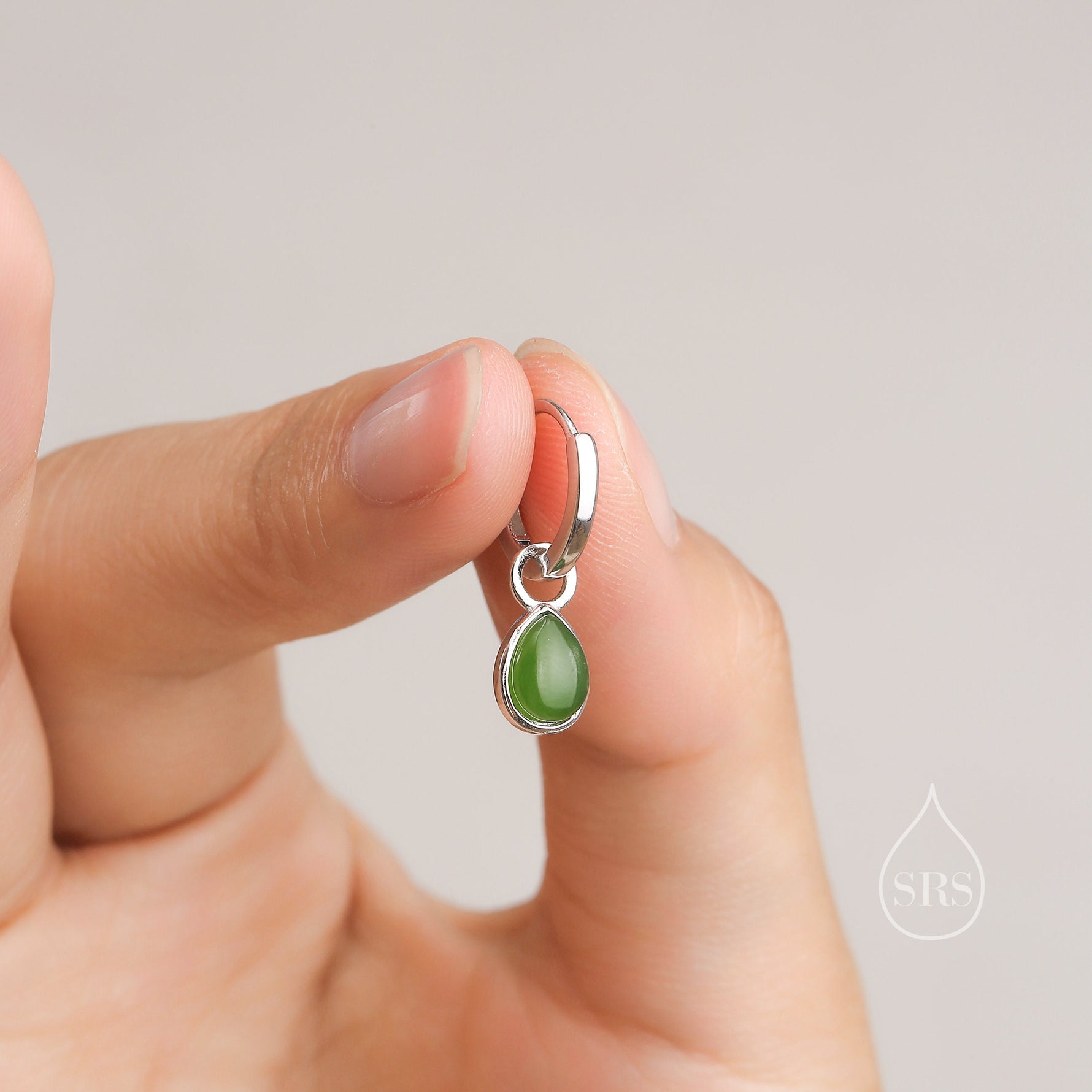 Sterling Silver Dangling Jade Droplet Hoop Earrings, Detachable Genuine Green Jade Charm Dangle Hoop Earrings, Silver or Gold,