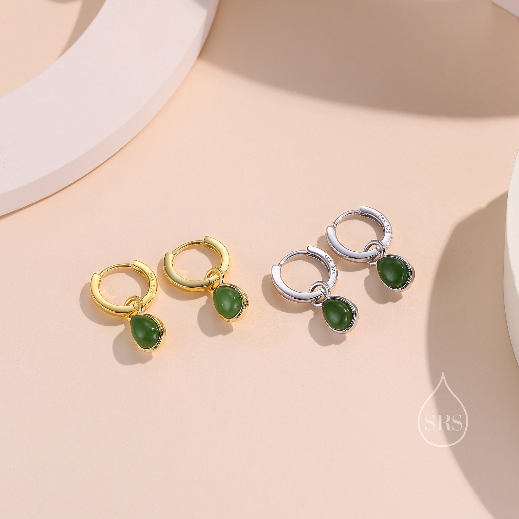 Sterling Silver Dangling Jade Droplet Hoop Earrings, Detachable Genuine Green Jade Charm Dangle Hoop Earrings, Silver or Gold,