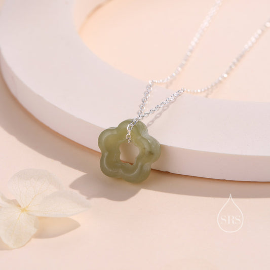 Jade Flower Pendant Necklace in Sterling Silver, Jade Necklace, Jaspter Jade Necklace, Jade Flower Necklace