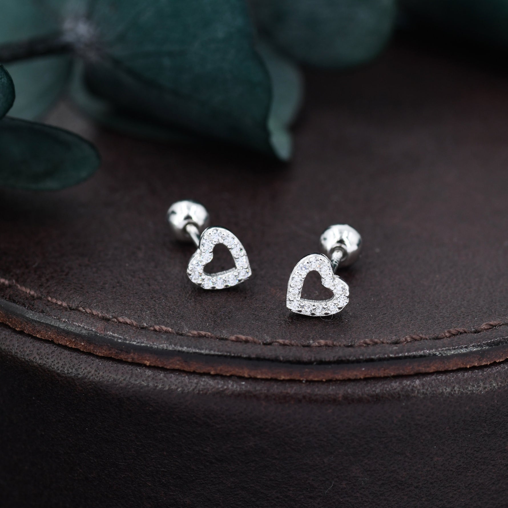Small Pair of Open Heart 18G Screw Back Earrings in Sterling Silver