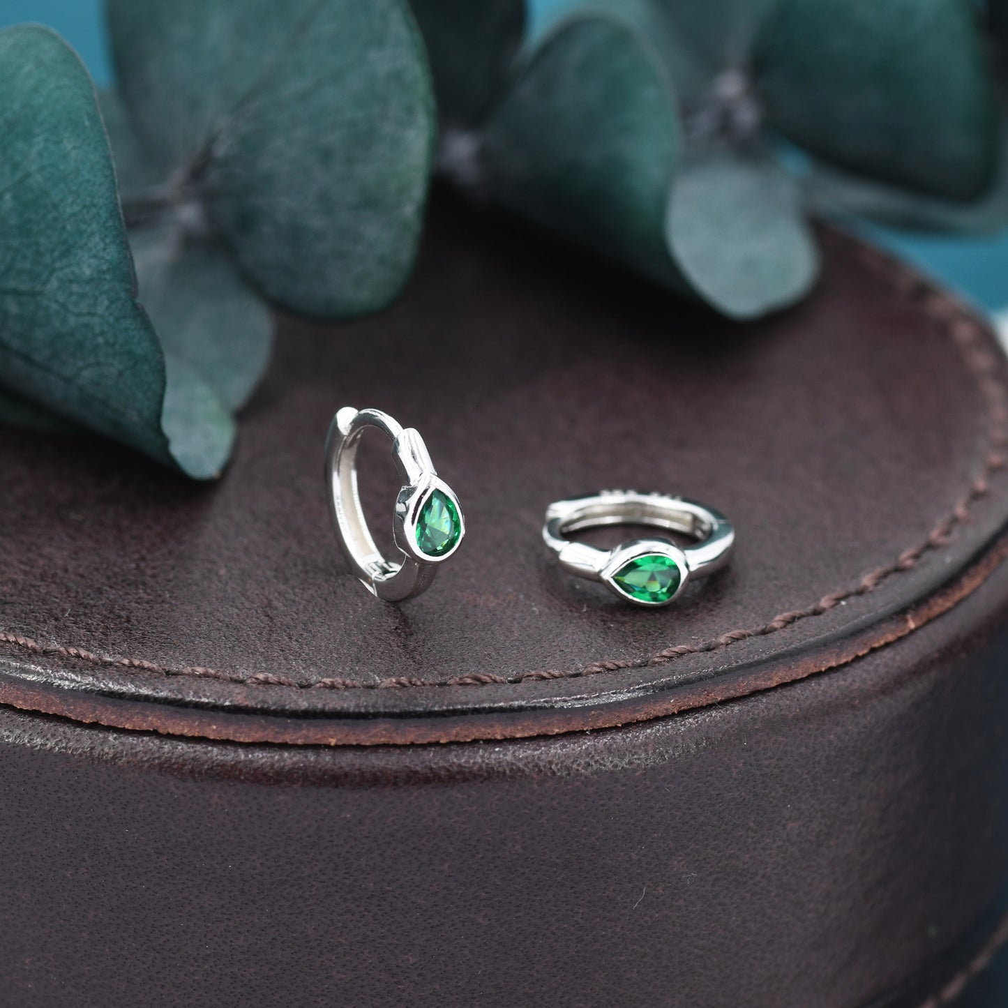 Emerald Green Single Pear Cut CZ Huggie Hoop in Sterling Silver, Silver or Gold, Minimalist Simple Green Hoop Earrings, Dainty Green Hoops