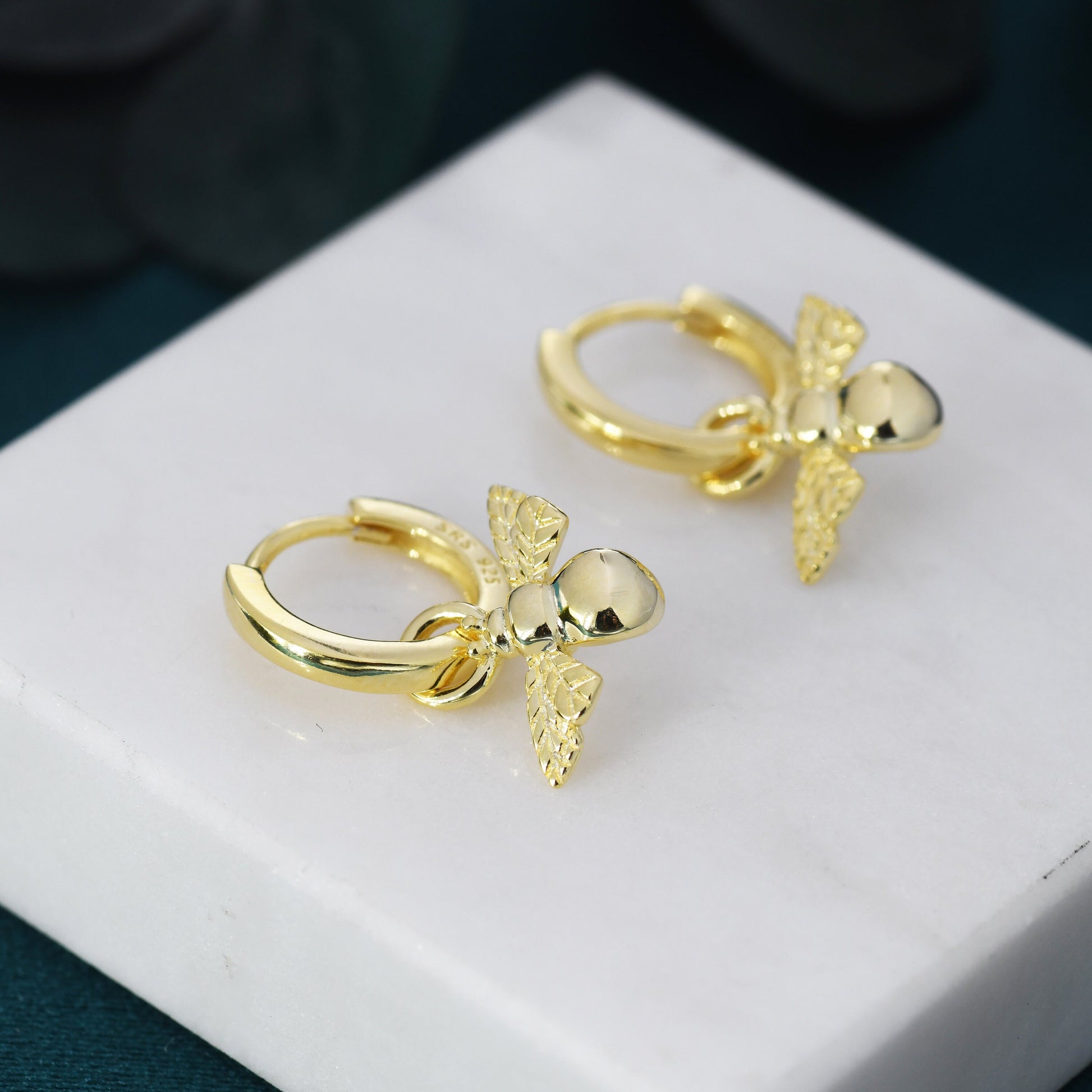 Sterling Silver Dangling Bee Hoop Earrings, Detachable Charm Dangle Hoop Earrings, Silver or Gold, Interchangeable