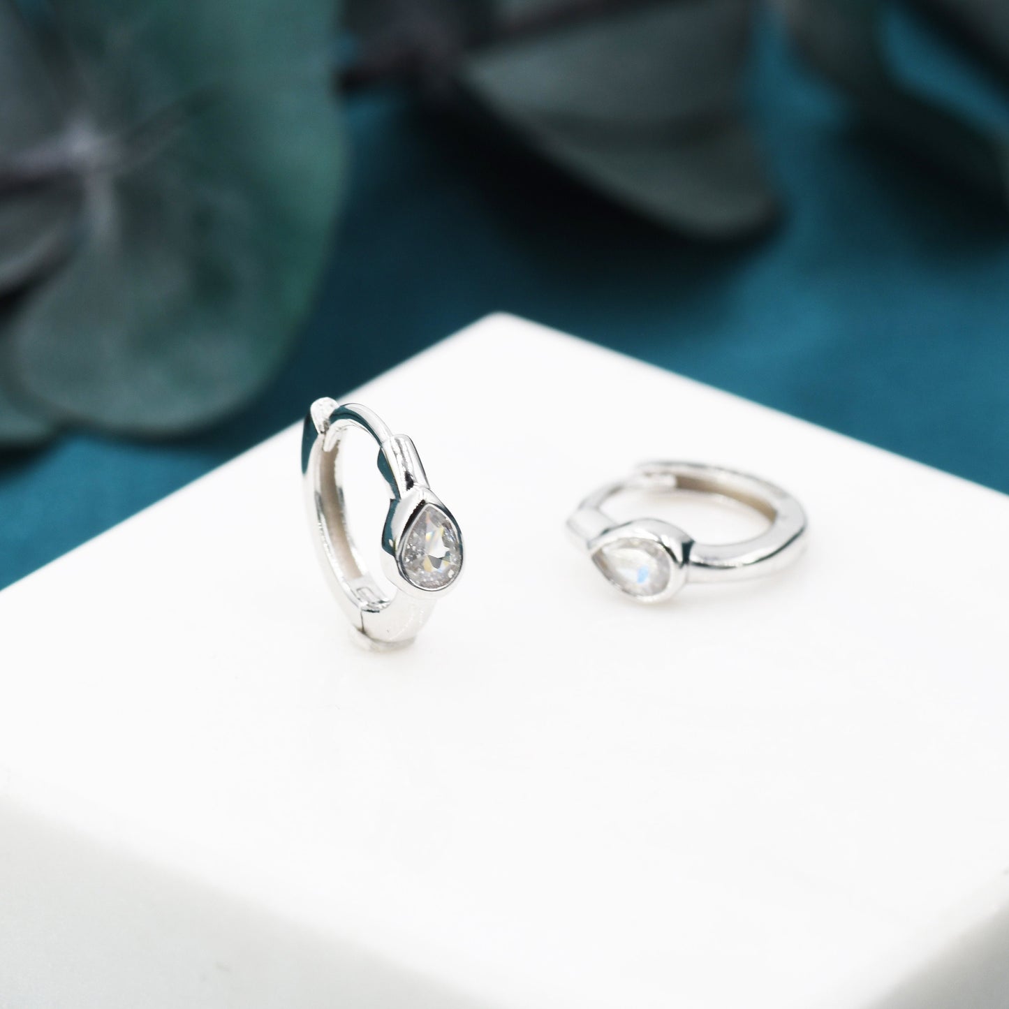 Single Pear Cut CZ Huggie Hoop in Sterling Silver, Silver or Gold, Minimalist Simple CZ Hoop Earrings