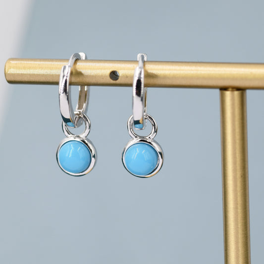 Sterling Silver Dangling Blue Turquoise Hoop Earrings, Detachable Turquoise Coin Dangle Hoop Earrings, Silver or Gold, Interchangeable