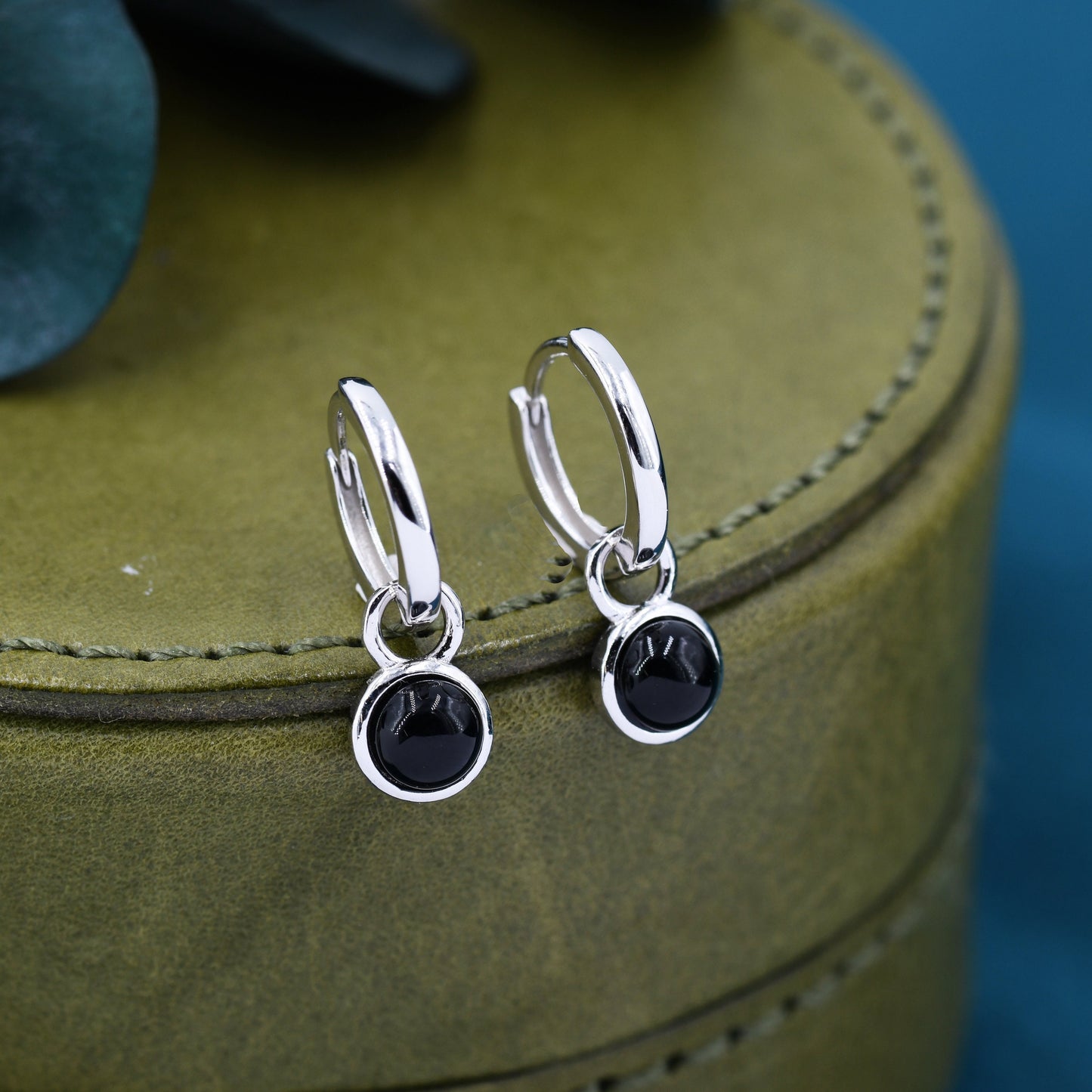 Sterling Silver Dangling Black Onyx Hoop Earrings, Detachable Black Onyx Coin Dangle Hoop Earrings, Silver or Gold, Interchangeable