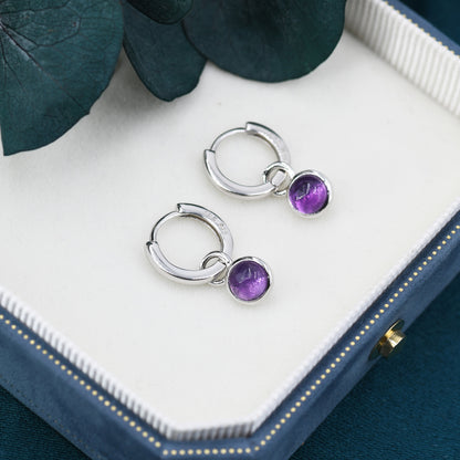Genuine Amethyst Hoop Earrings in Sterling Silver, Detachable Natural Amethyst Coin Dangle Hoop Earrings, Interchangeable
