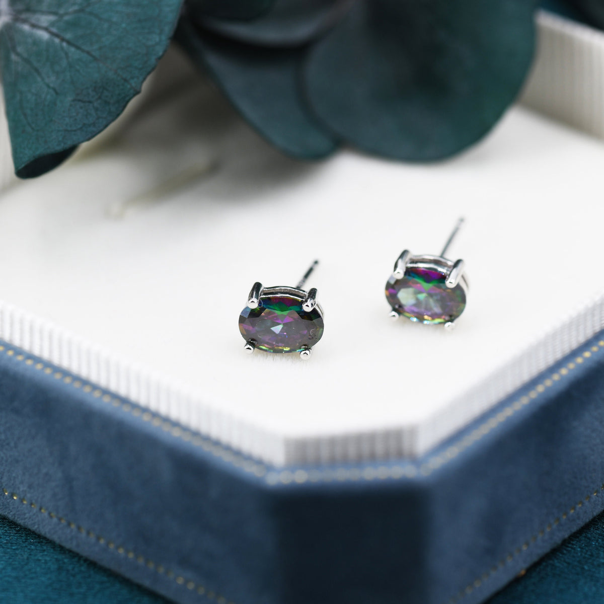 Mystic Topaz Crystal Stud Earrings in Sterling Silver, Oval Cut Peacock Crystals,Stunning Green, Blue and Purple Colour