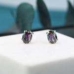 Mystic Topaz Crystal Stud Earrings in Sterling Silver, Oval Cut Peacock Crystals,Stunning Green, Blue and Purple Colour