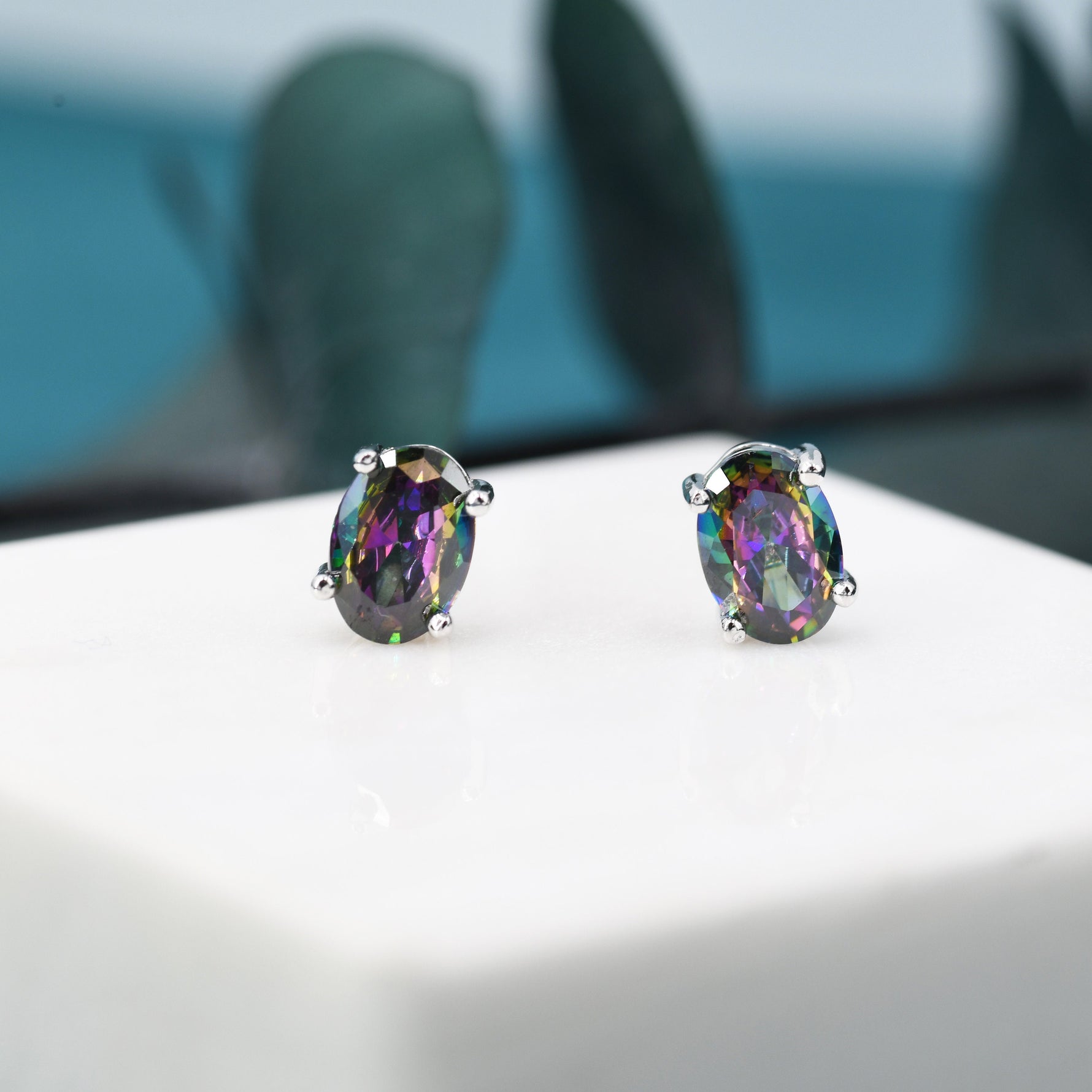 Mystic Topaz Crystal Stud Earrings in Sterling Silver, Oval Cut Peacock Crystals,Stunning Green, Blue and Purple Colour