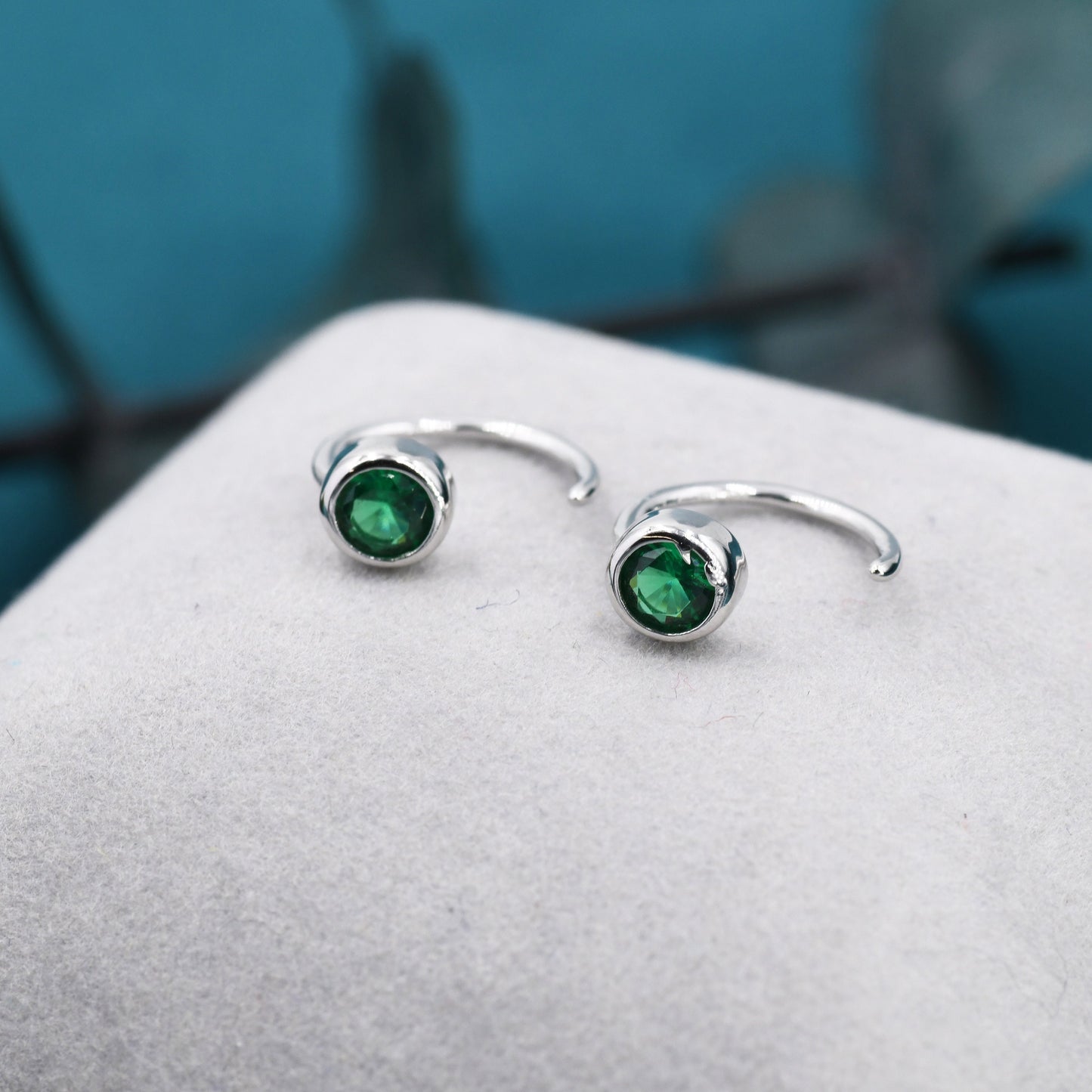 Emerald Green 4mm CZ Huggie Hoop Earrings in Sterling Silver, Tiny CZ Open Hoops, Pull Through Threaders, Half Hoops, C Shape