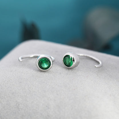 Emerald Green 4mm CZ Huggie Hoop Earrings in Sterling Silver, Tiny CZ Open Hoops, Pull Through Threaders, Half Hoops, C Shape